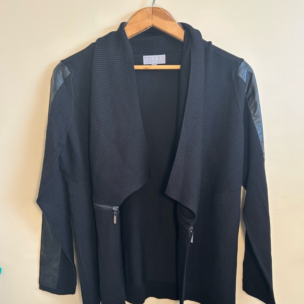 Laura Petites Black Women's Cardigan with Faux Leather and Zipper details